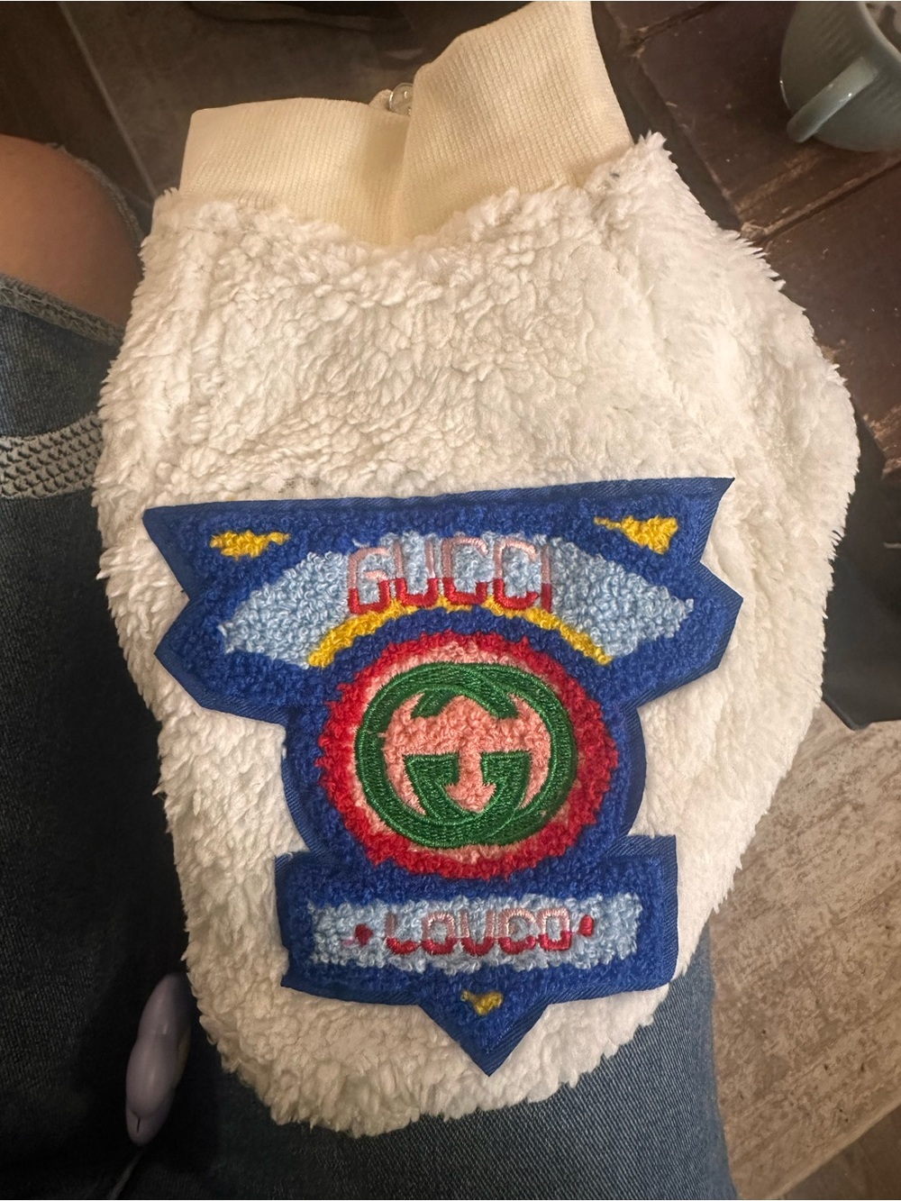 Size S Source Unknown Cream Sherpa Dog Jacket with Multicolor Embroidered Emblem